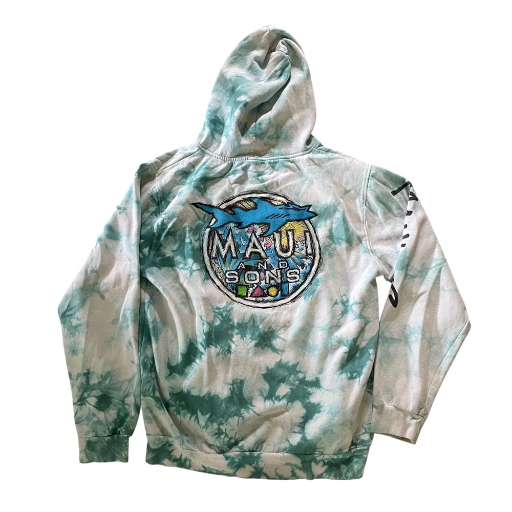 Maui and Sons Shark Graphic Tie Dye Hoodie Teal White Mens Large Sweatshirt